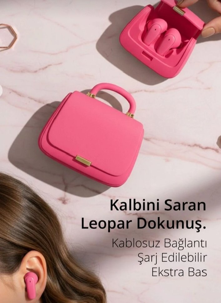 Pembe Deri Tokalı Kadın Çanta kulaklık - Görsel 3