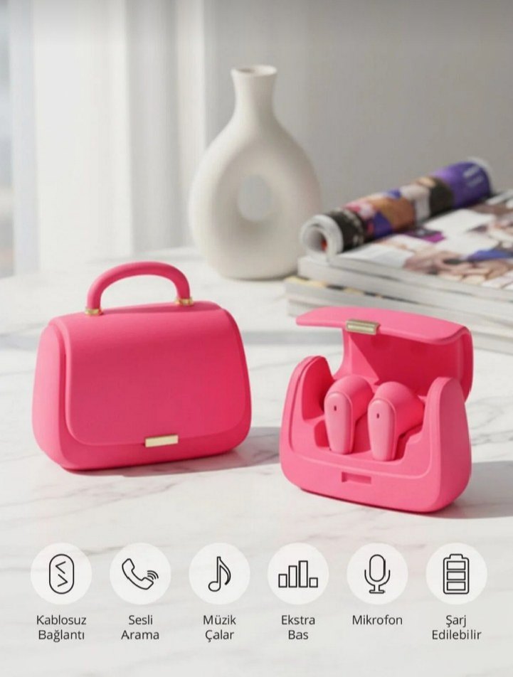 Pembe Deri Tokalı Kadın Çanta kulaklık - Görsel 2