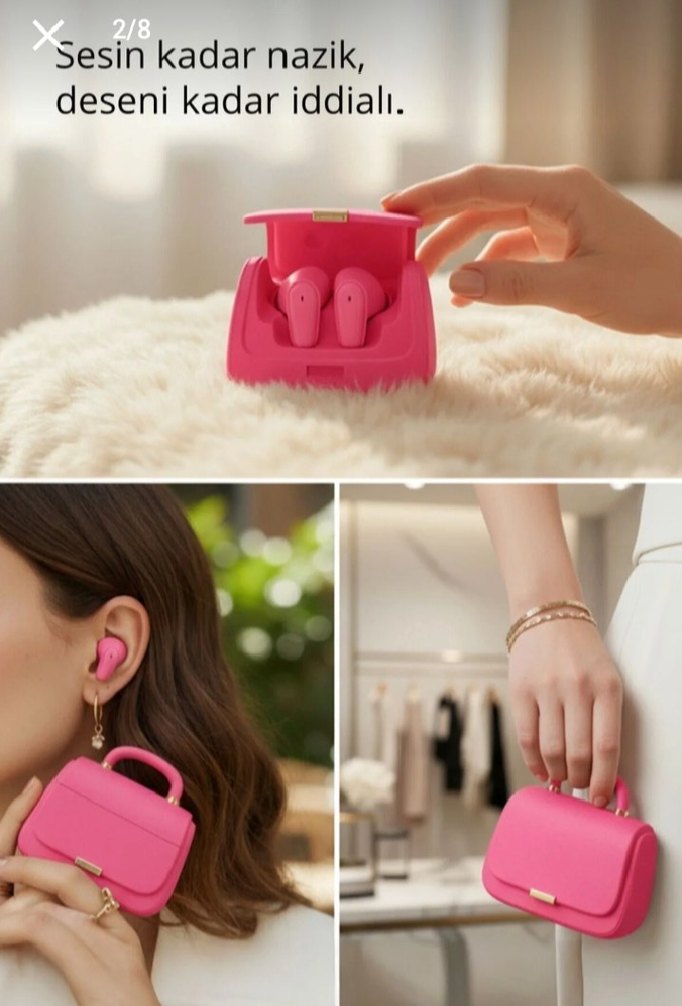 Pembe Deri Tokalı Kadın Çanta kulaklık - Görsel 4
