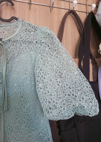 Düğmeli Turkuaz Vintage Uzun Elbise - Görsel 7