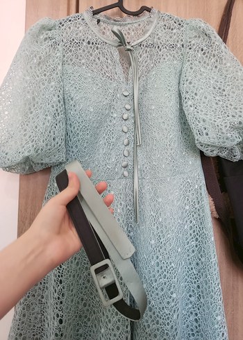 Düğmeli Turkuaz Vintage Uzun Elbise - Görsel 10