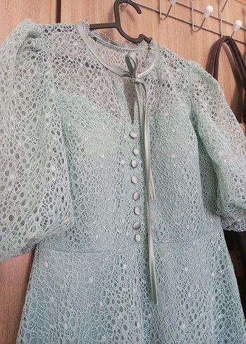 Düğmeli Turkuaz Vintage Uzun Elbise - Görsel 3