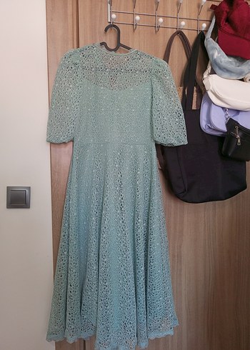 Düğmeli Turkuaz Vintage Uzun Elbise - Görsel 14