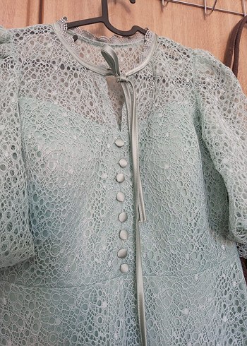 Düğmeli Turkuaz Vintage Uzun Elbise - Görsel 4