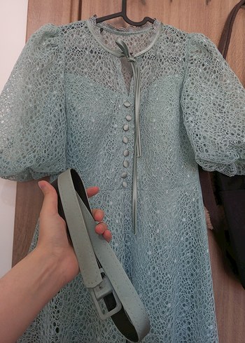 Düğmeli Turkuaz Vintage Uzun Elbise - Görsel 16