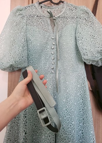 Düğmeli Turkuaz Vintage Uzun Elbise - Görsel 9