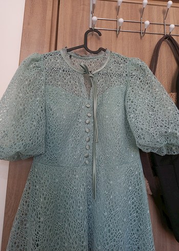 Düğmeli Turkuaz Vintage Uzun Elbise - Görsel 12