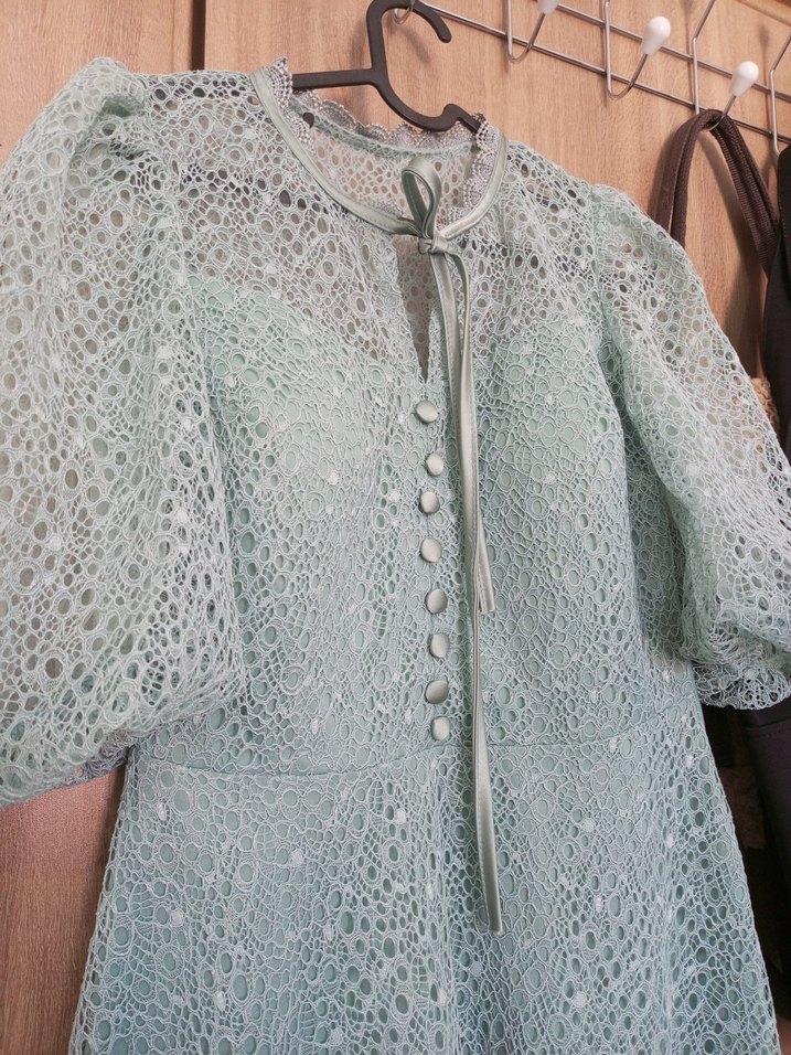 Düğmeli Turkuaz Vintage Uzun Elbise - Görsel 3