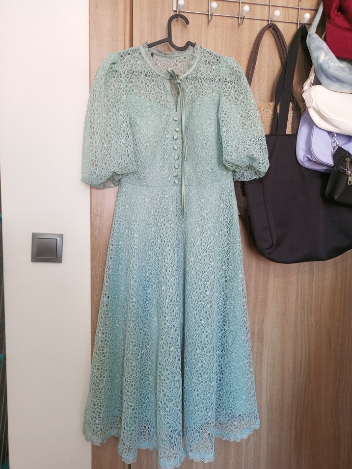 Düğmeli Turkuaz Vintage Uzun Elbise - Görsel 2