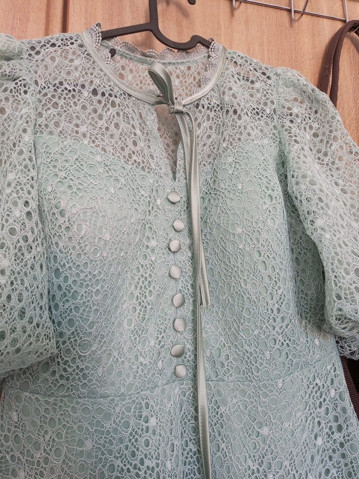 Düğmeli Turkuaz Vintage Uzun Elbise - Görsel 4