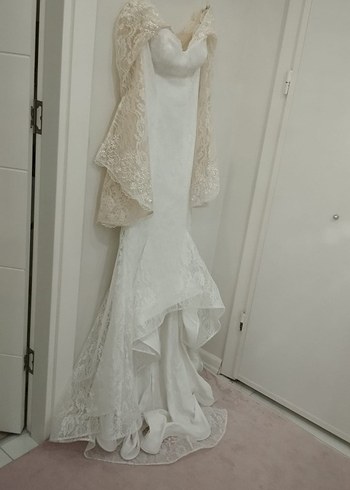 beyaz dantel asimetrik volan fırfır nikah abiye elbise gelinlik
