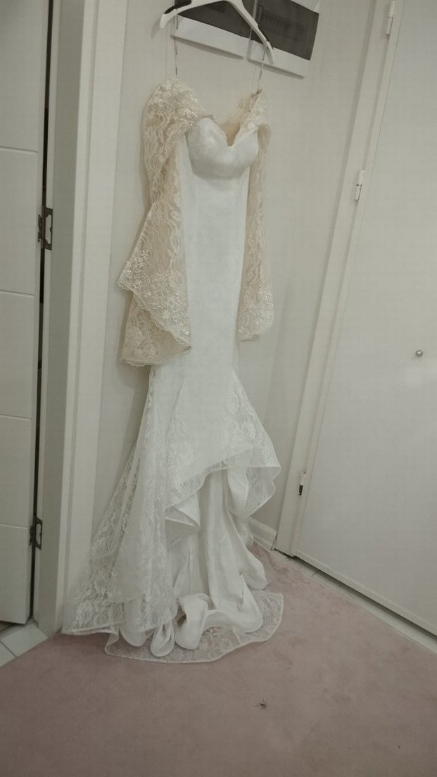 beyaz dantel asimetrik volan fırfır nikah abiye elbise gelinlik - Görsel 2