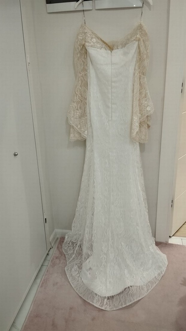 beyaz dantel asimetrik volan fırfır nikah abiye elbise gelinlik - Görsel 4