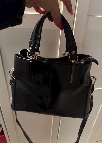 Siyah Deri Yılan Desenli Tokalı Kadın Çanta - Görsel 4