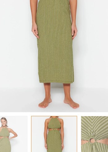 Kadın Haki Bohem Örme Uzun Elbise - Görsel 4