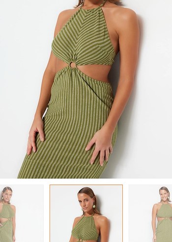 Kadın Haki Bohem Örme Uzun Elbise - Görsel 2