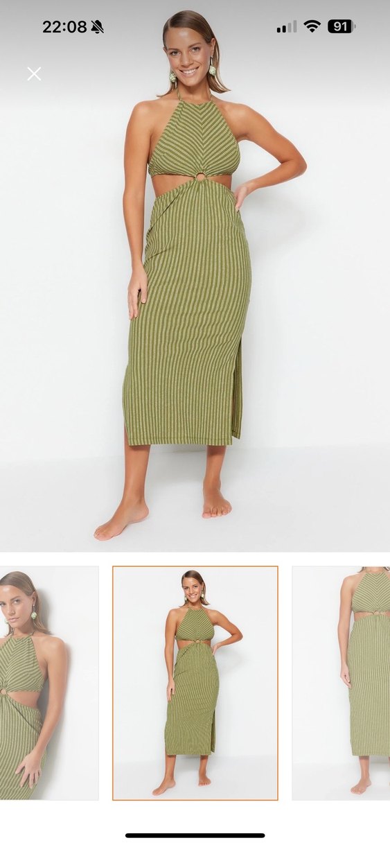 Kadın Haki Bohem Örme Uzun Elbise - Görsel 3