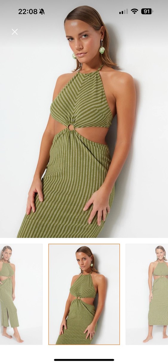 Kadın Haki Bohem Örme Uzun Elbise - Görsel 2