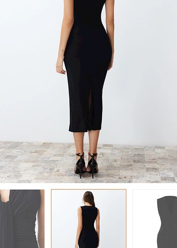 Siyah Drapeli Uzun Askılı Kadın Elbise - Görsel 5