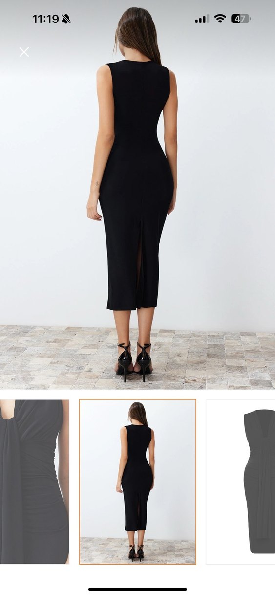 Siyah Drapeli Uzun Askılı Kadın Elbise - Görsel 5