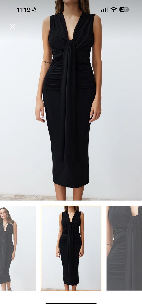 Siyah Drapeli Uzun Askılı Kadın Elbise - Görsel 3