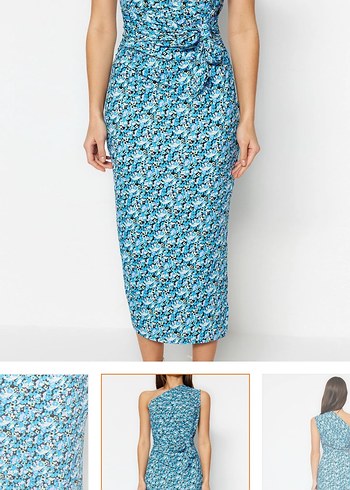 Mavi Drapeli Tek omuz Uzun Elbise - Görsel 5