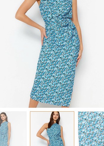 Mavi Drapeli Tek omuz Uzun Elbise - Görsel 3