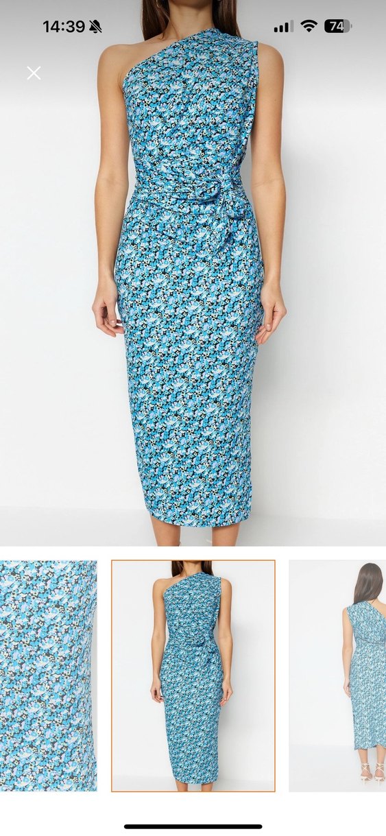 Mavi Drapeli Tek omuz Uzun Elbise - Görsel 5