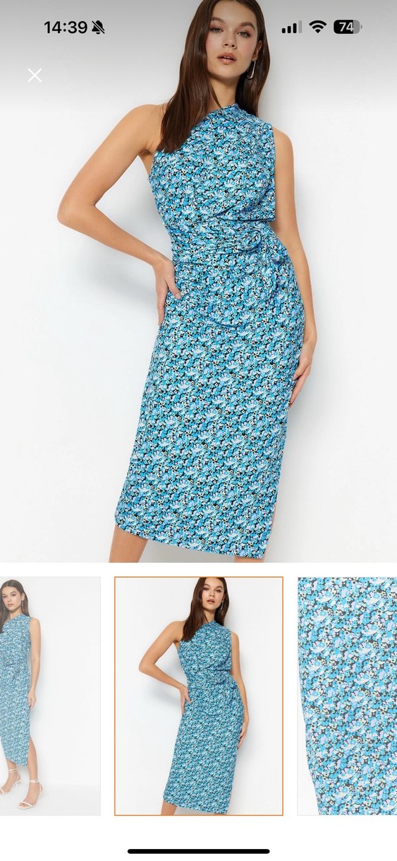 Mavi Drapeli Tek omuz Uzun Elbise - Görsel 3