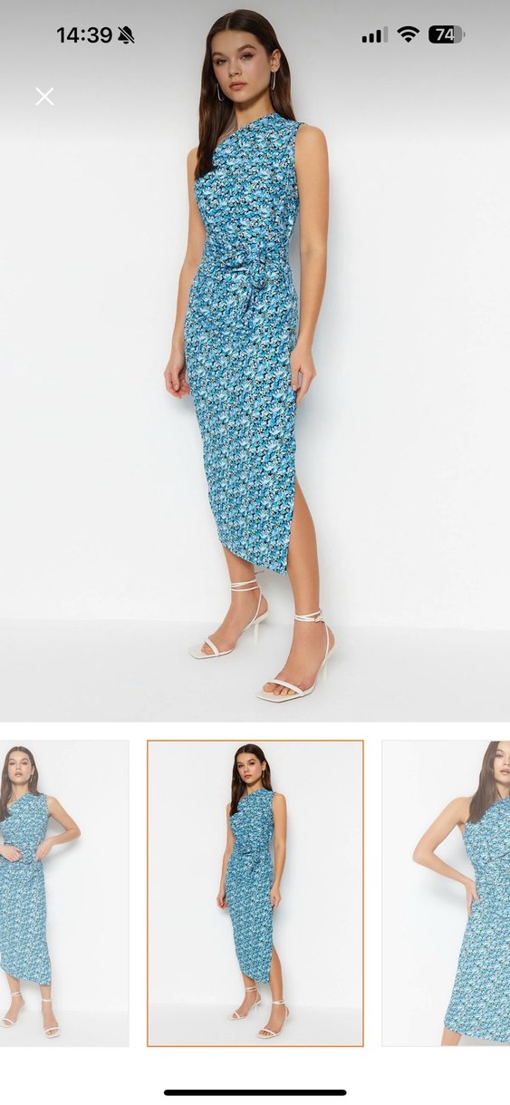 Mavi Drapeli Tek omuz Uzun Elbise - Görsel 2