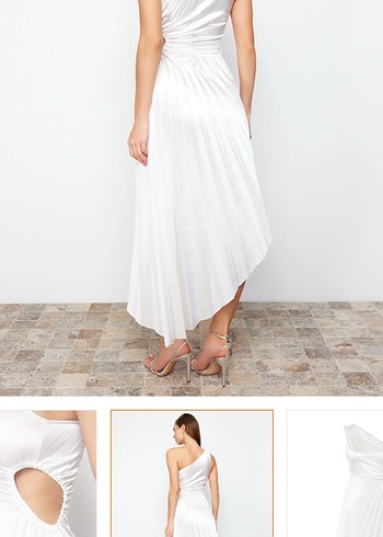 Beyaz Straplez Piliseli Uzun Elbise - Görsel 5