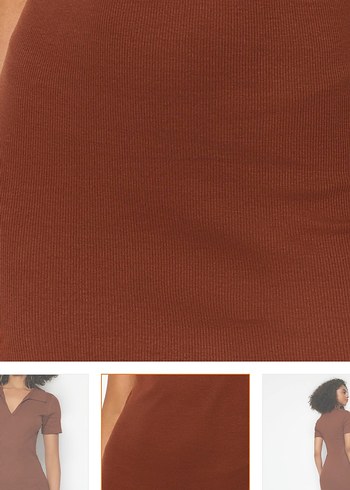 V Yaka kısa kol  Midi Kahverengi Elbise - Görsel 2