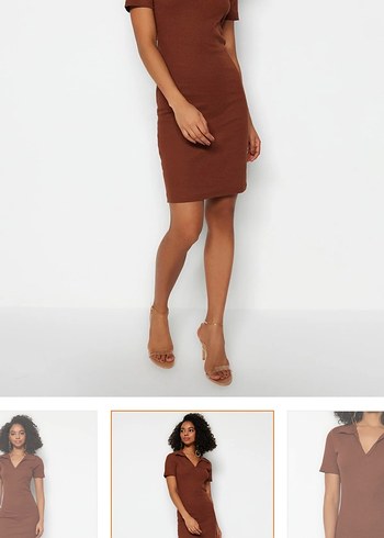 V Yaka kısa kol  Midi Kahverengi Elbise - Görsel 4