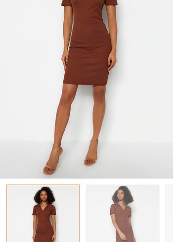 V Yaka kısa kol  Midi Kahverengi Elbise - Görsel 3