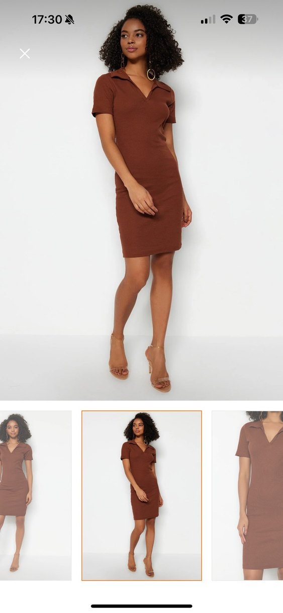 V Yaka kısa kol  Midi Kahverengi Elbise - Görsel 4