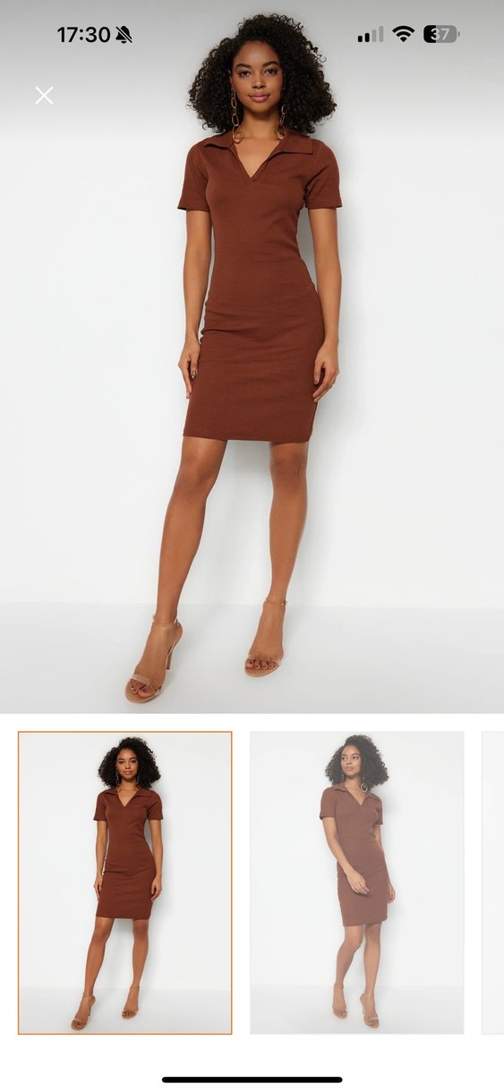 V Yaka kısa kol  Midi Kahverengi Elbise - Görsel 3