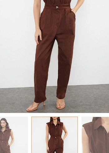 Kahverengi  Kadın Kumaş Tulum - Görsel 2