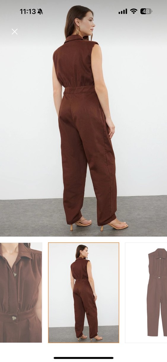 Kahverengi  Kadın Kumaş Tulum - Görsel 4