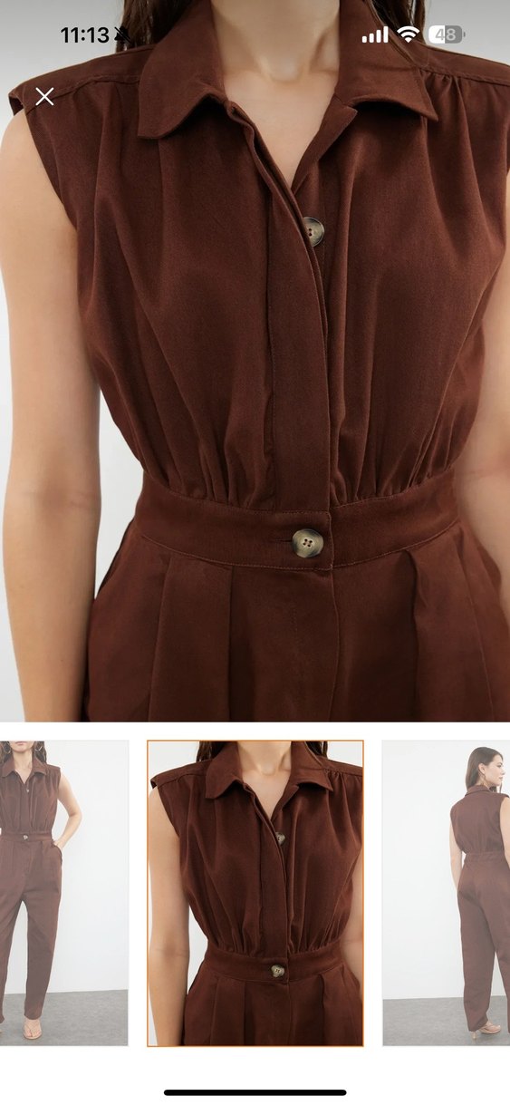 Kahverengi  Kadın Kumaş Tulum - Görsel 3