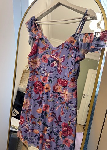 Mor Çiçekli Fırfırlı Midi Elbise - Görsel 3