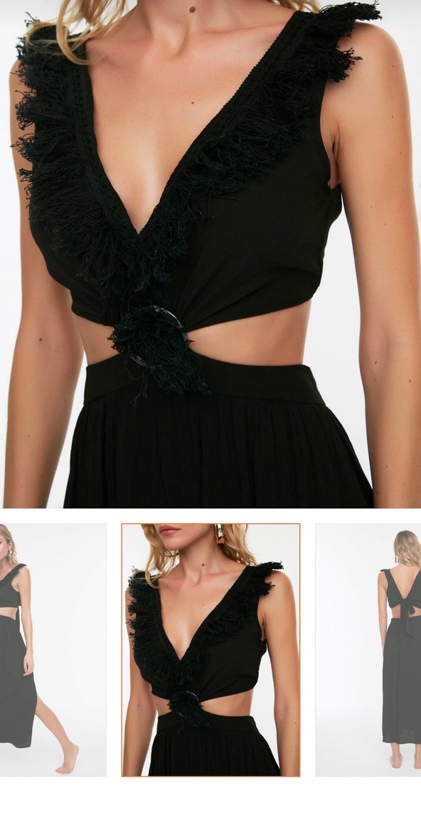 Siyah V Yaka Uzun Bohem Elbise - Görsel 2