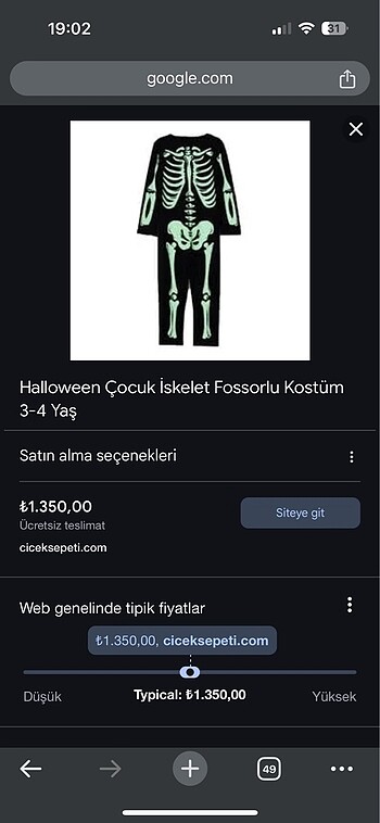 4 Yaş Beden H&M karanlıkta parlayan iskelet kostüm