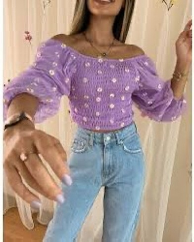 Papatya desenli lila crop