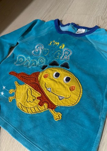 12-18 Ay Beden mavi Renk Erkek Çocuk kadife Uzun Kollu Pijama Takımı