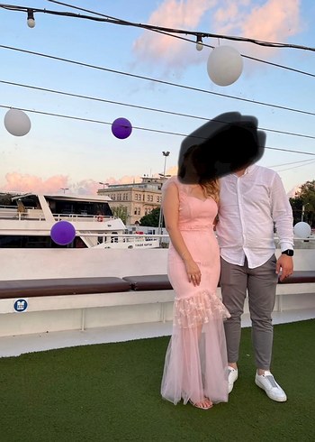 Pembe Kalın Askılı Uzun Abiye Elbise