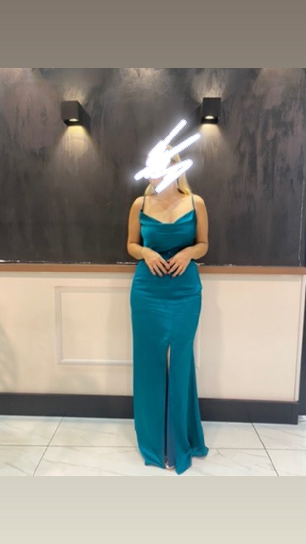 Kadın Petrol Yeşili Drapeli Uzun Abiye Elbise - Görsel 3