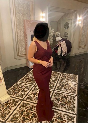 Bordo V Yaka Drapeli Uzun Abiye Elbise