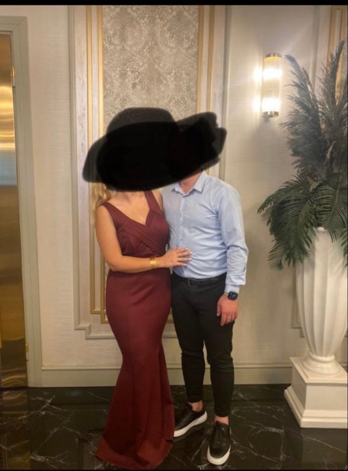 Bordo V Yaka Drapeli Uzun Abiye Elbise - Görsel 2