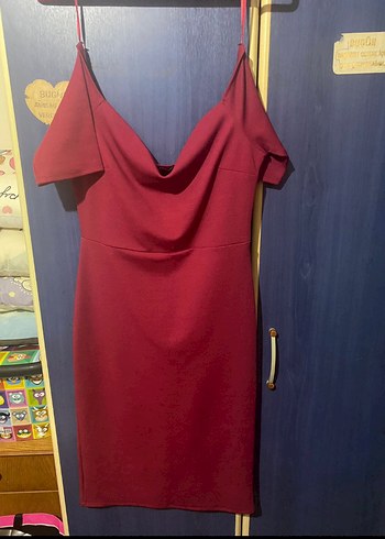Diğer Bordo Kayık Yaka Modern Kalem Elbise
