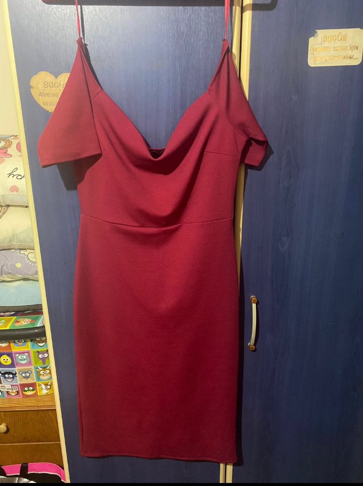 Bordo Kayık Yaka Modern Kalem Elbise - Görsel 5